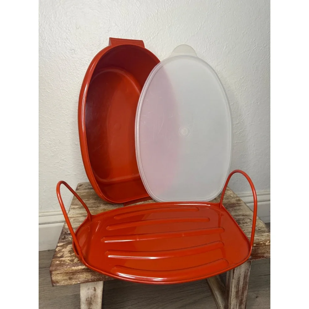 Vintage Tupperware 487 Roast Ham Flavor Saver Container 3 Pc Set Paprika Red 80s